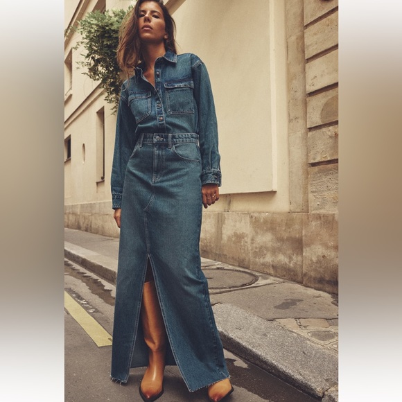 Zara set Long front Slit Denim High waist Skirt & Jacket Indigo Dark Blue S NWT - Picture 2 of 16